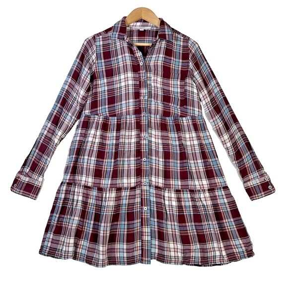 LOFT Ann Taylor‎ Womens Dress Sz XS Shirt Style Button Up Tiered Purple Plaid - Picture 1 of 10